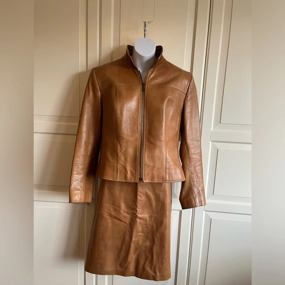 Vintage 1980's Leather Skirt and Jacket Set  Size 12 Jacket Sz 10 Skirt. Camel - Picture 6 of 17